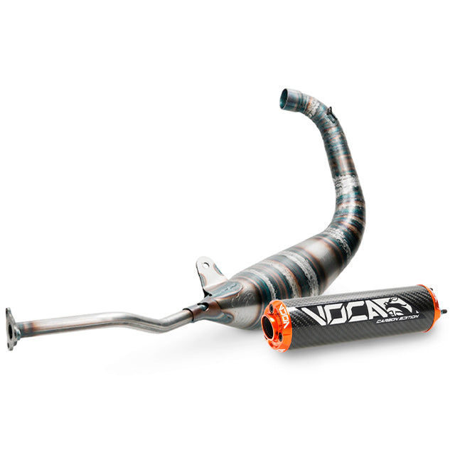 Escape Yamaha TZR >2003 / Aprilia RS 1999-2004 Racing Carbon 80cc Voca salida abajo - silenciador cazoleta naranja