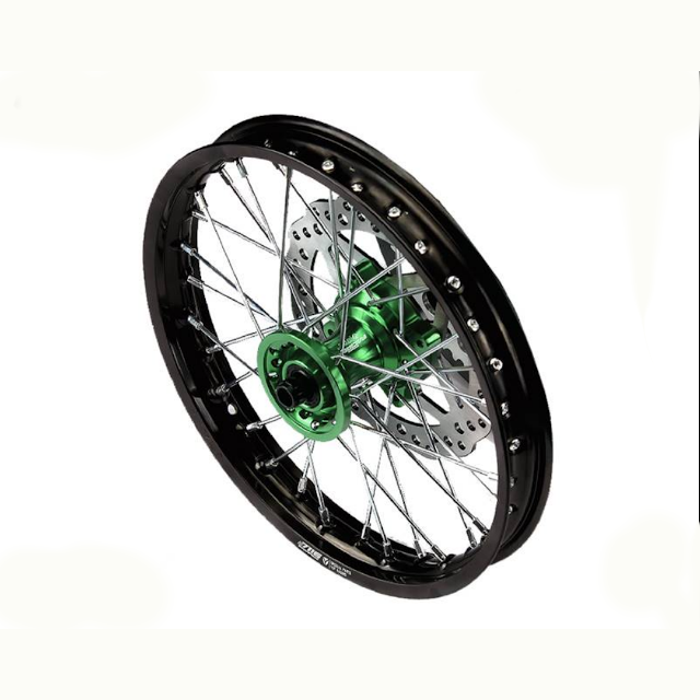 Llanta delantera aluminio completa 1.4x12" buje CNC Pitbike YCF - Verde/negro