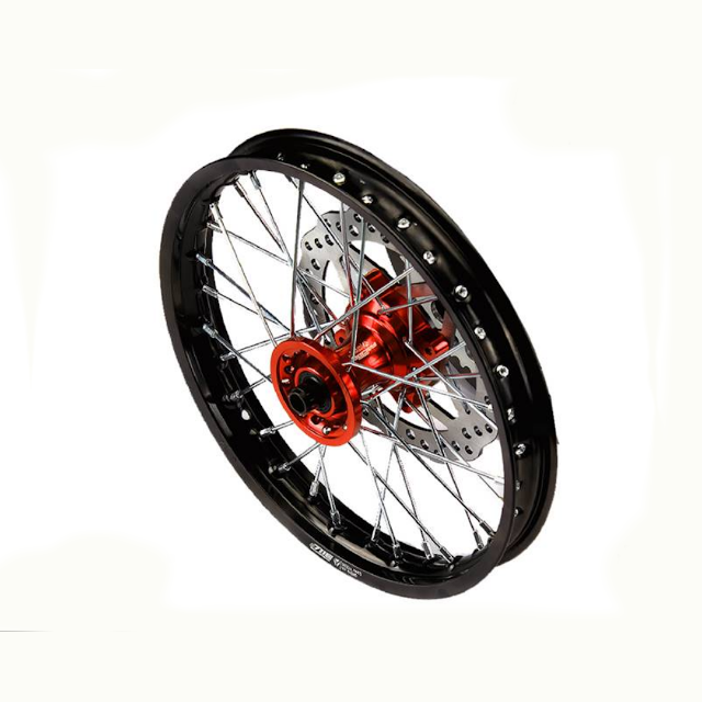 Llanta delantera aluminio completa 1.4x12" buje CNC Pitbike YCF - Naranja/negro