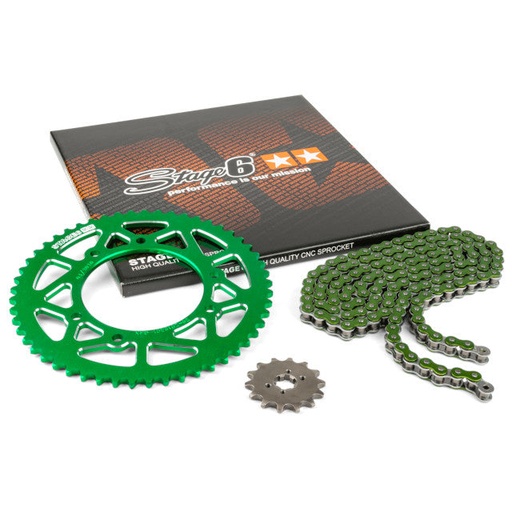 [S6-2119323/GR] Kit cadena y corona aluminio CNC 13x53 420 Derbi Senda X -Treme Stage6 - Verde 