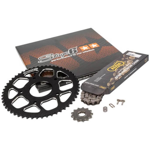 [S6-2118823/BK] Kit cadena y corona aluminio CNC 13x53 420 Peugeot / Rieju 50 Stage6 - Negro