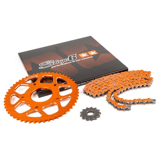 [S6-2118823/OR] Kit cadena y corona aluminio CNC 13x53 420 Peugeot / Rieju 50 Stage6 - Naranja 