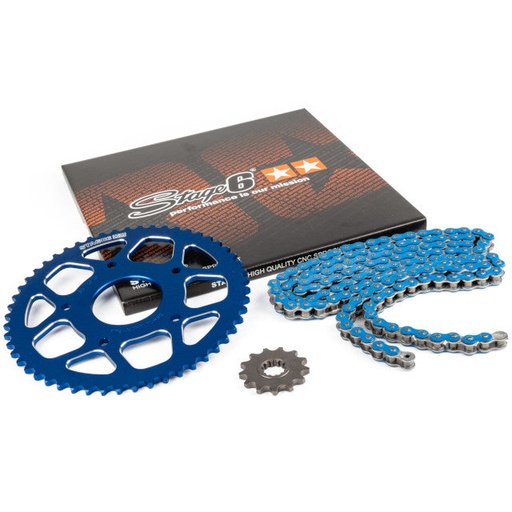 [S6-2118824/BL] Kit cadena y corona aluminio CNC 14x53 420 Peugeot / Rieju 50 Stage6 - Azul 