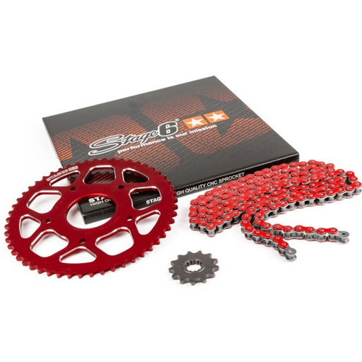 [S6-2118824/RE] Kit cadena y corona aluminio CNC 14x53 420 Peugeot / Rieju 50 Stage6 - Rojo 