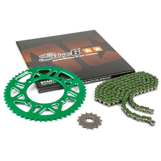 [S6-2118814/GR] Kit cadena y corona aluminio CNC 14x53 420 Beta RR 50 Stage6 - Verde 