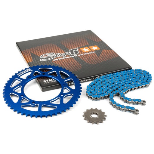 [S6-2118834/BL] Kit cadena y corona aluminio CNC 14x53 420 Rieju MRT 50 Stage6 - Azul 