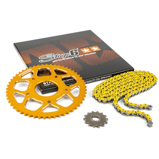[S6-2118824/YE] Kit cadena y corona aluminio CNC 14x53 420 Peugeot / Rieju 50 Stage6 - Amarillo 