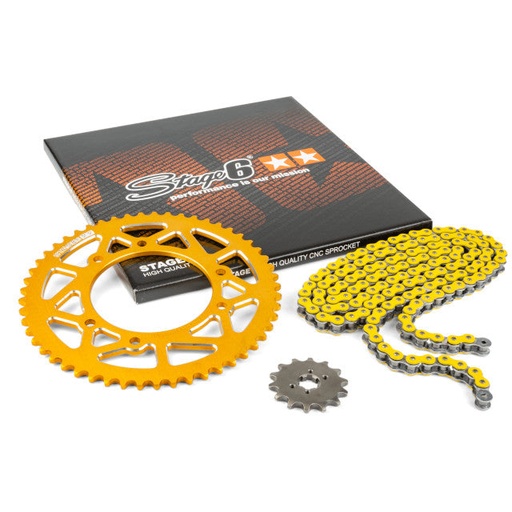 [S6-2119324/YE] Kit cadena y corona aluminio CNC 14x53 420 Derbi Senda X -Treme Stage6 - Amarillo 