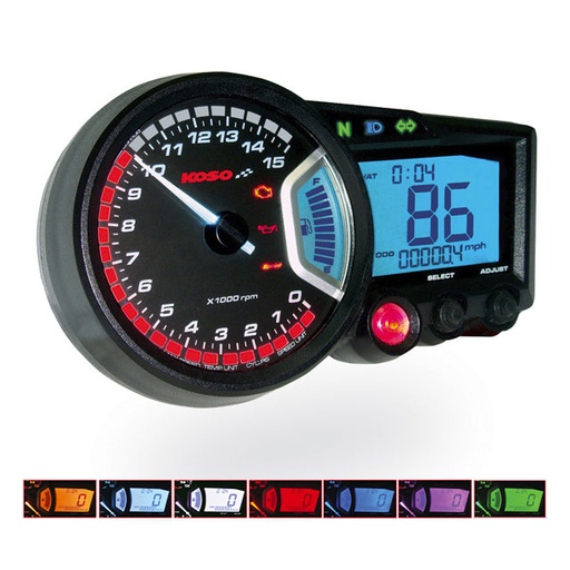 [BA010100] Marcador completo Koso RX2 - RPM/KM/VELOCIDAD/KM VIAJE - iluminación "multicolor" 2T/4T