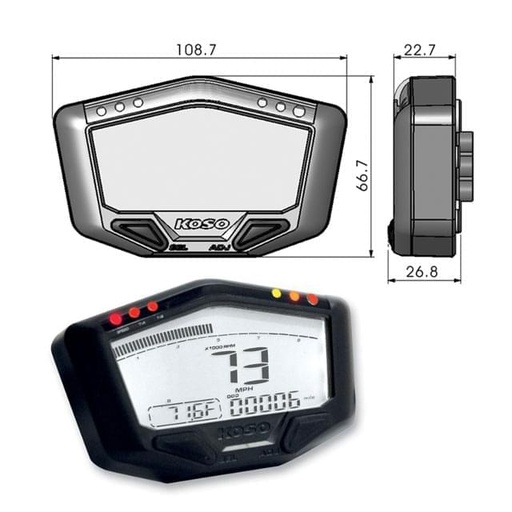 [BA022W10] Cuadro Instrumentos KOSO DB02R (ROAD),  speed, odo, trip, rpm hasta 20.000, temp, Ilum. blanco 188.7x66.1mm, 22.7-26.8mm